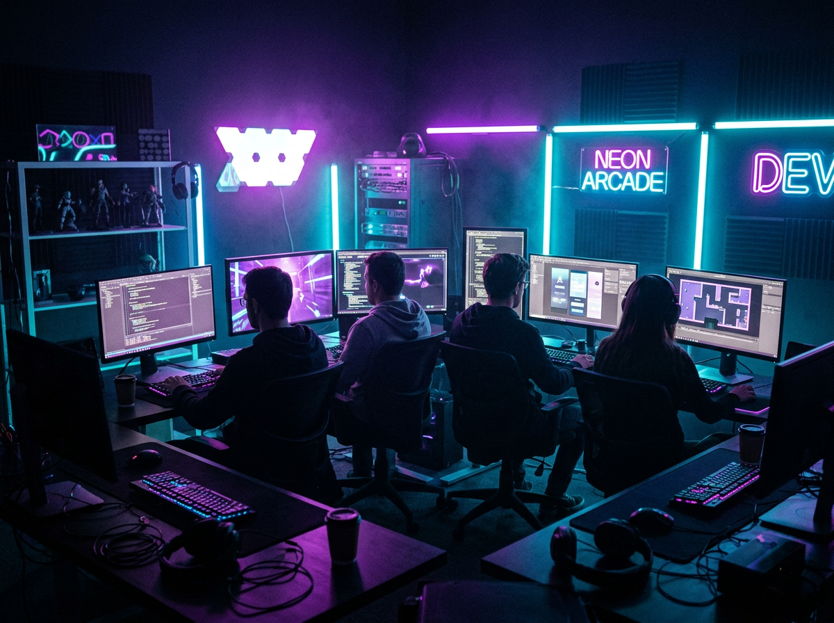 PixelArena development team working in a neon-lit studio